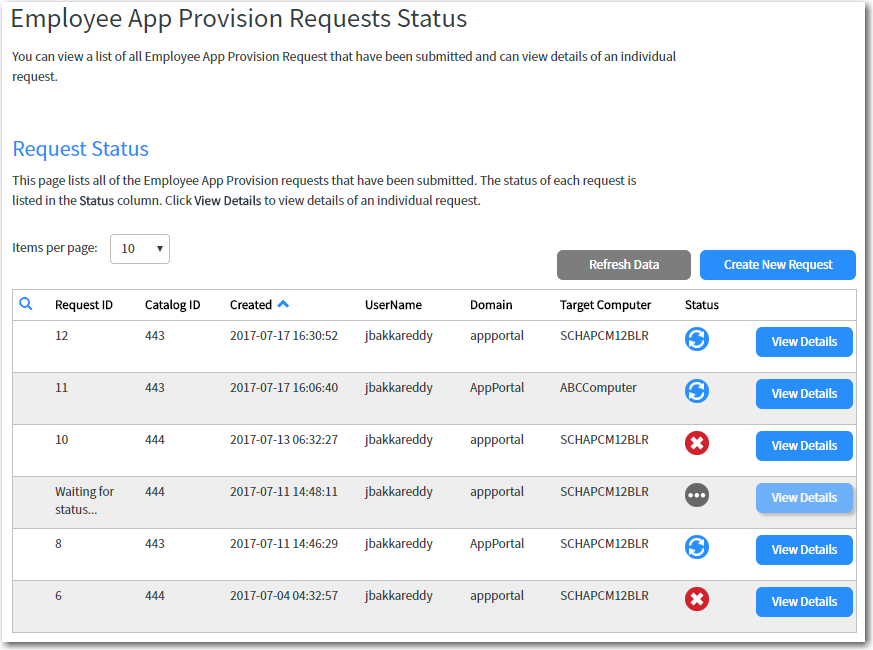 Employee App Provision Requests Status / Request Status View