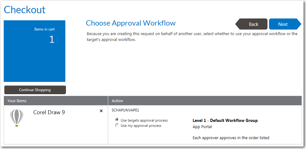 Choose Approval Workflow Panel / Checkout Wizard