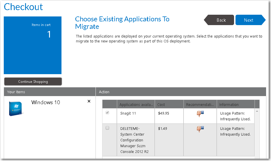 Choose Existing Applications to Migrate Panel / Checkout Wizard