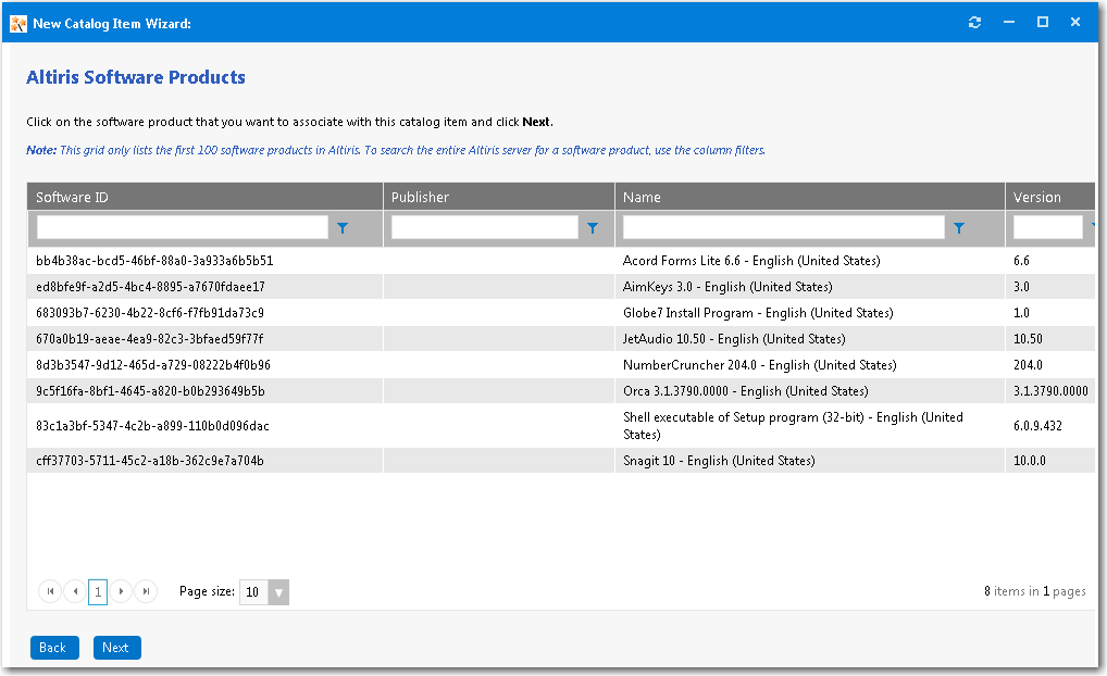Altiris Software Products Panel / New Catalog Item Wizard