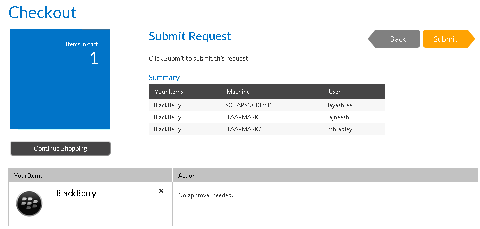 Selected on the Submit Request Panel